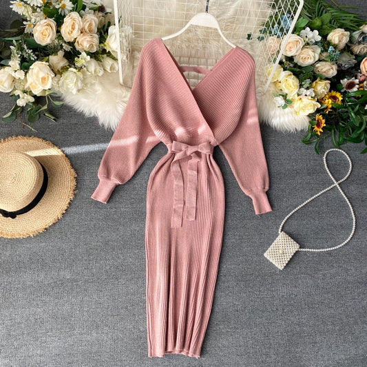 SINGRAIN Women Shiny Knitted Dress Gorgeous v Neck Puff Sleeve Elastic Sheath Knitting Dress Autumn Solid Bow Sashes Pencil Dress