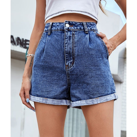 Benuynffy Solid High Waisted Straight Jean Shorts Women 2022 Summer Casual Streetwear Ladies Pocket Rolled Hem Denim Shorts