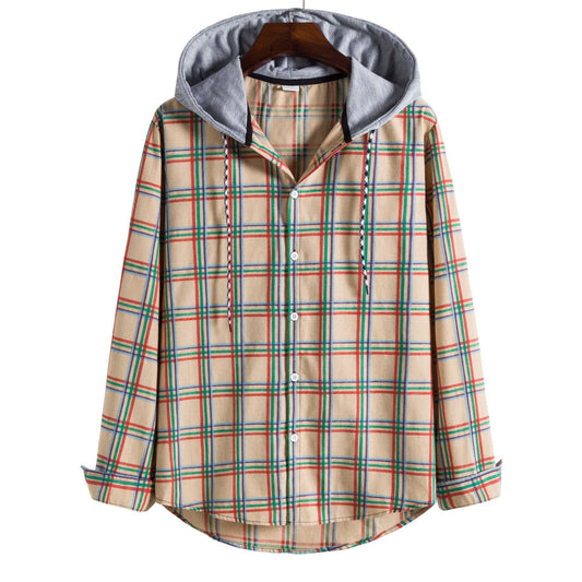 Plaid Printed Shirts Men's Autumn Long Sleeve Hooded Oversize Button Up Shirt Korean Fashion Casual Fall Outwear Top Bloose 2022