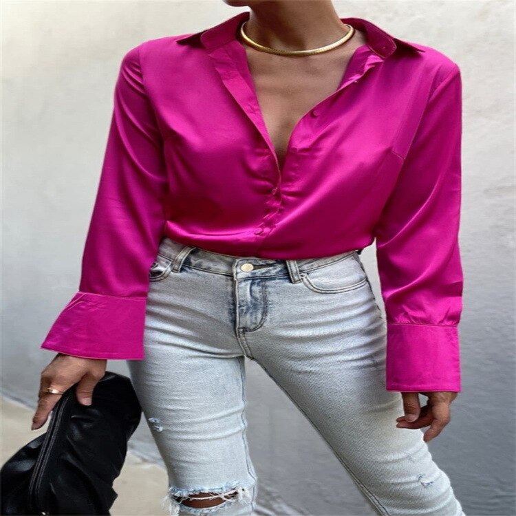 Silk Satin Women Shirt Elegant Green Loose Top Button Up Office Ladies Shirt 2022 Spring Summer Long Sleeve Blouse Vintage Tops