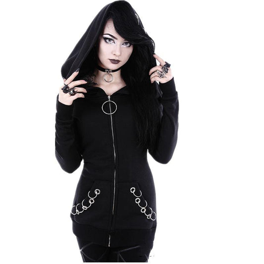 Women Punk Hoodie Sweatshirt 2022 Autumn Long Sleeve Iron Ring Hooded Zipper Jackets Casual Black Tops Female Clothes