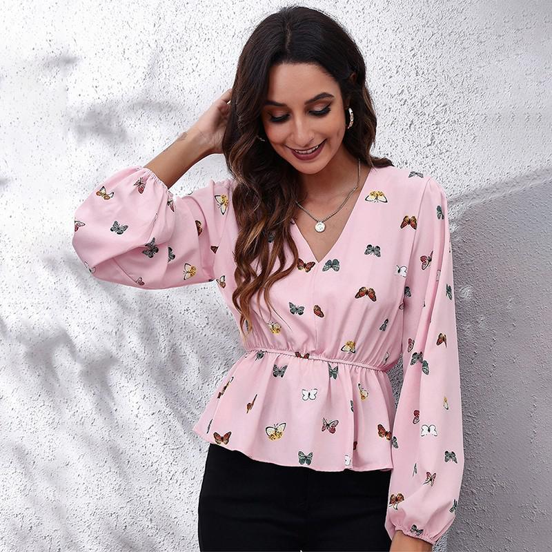 2022 New Butterfly Print Blouse Women Fashion v Neck Long Sleeve Collect Waist Design Shirts Ladies Elegant Casual Top