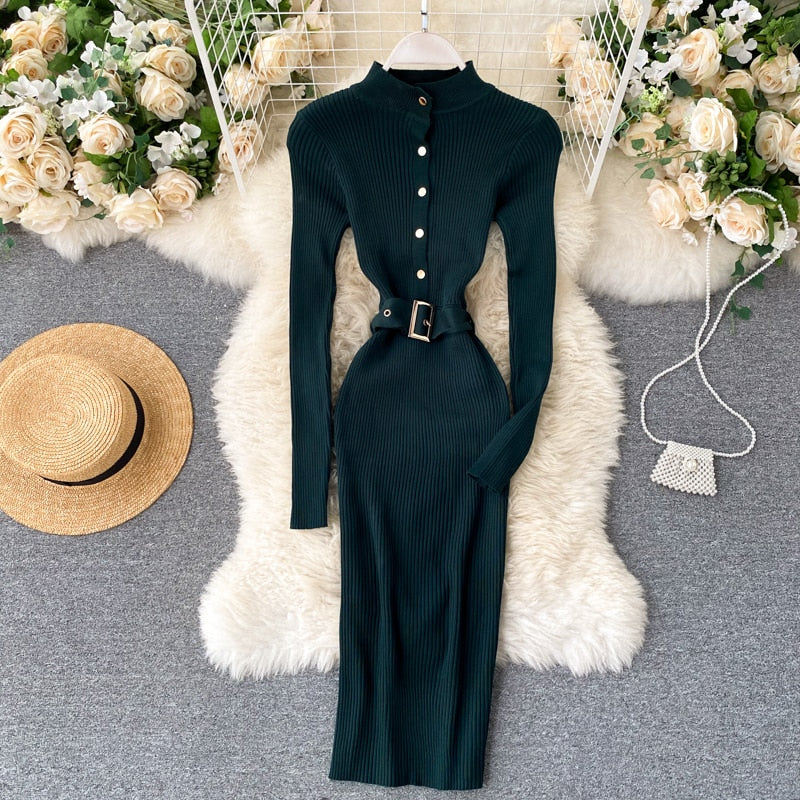 SINGRAIN Women Knitted Pencil Dress Autumn Winter Stand Collar Button Long Sleeve Slim Dress Streetwear Bodycon Sweater Dresses