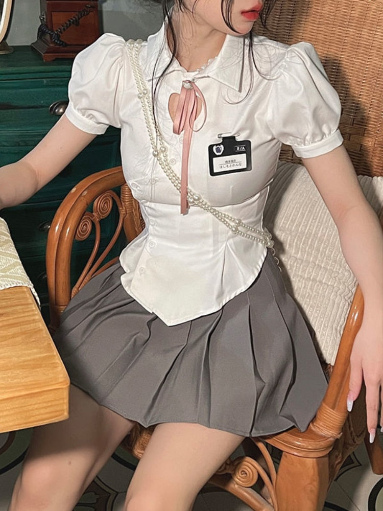 HOUZHOU Korean Slim White Shirt Tunics Woman Gorgeous Heart Hollow Out Cute Puff Sleeve School Shirt Preppy Style Tops Jk Uniform