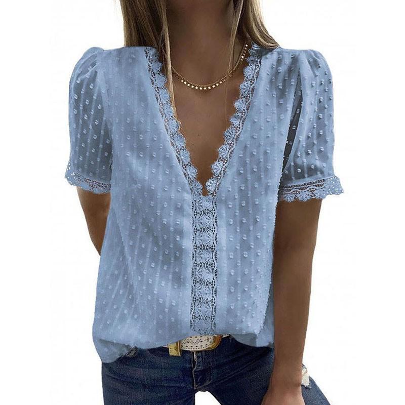 Summer Short Sleeve Womens Tops and Blouses Fashion v Neck Elegant Casual Chic Shirts Ladies Solid Lace Chiffon Blouse