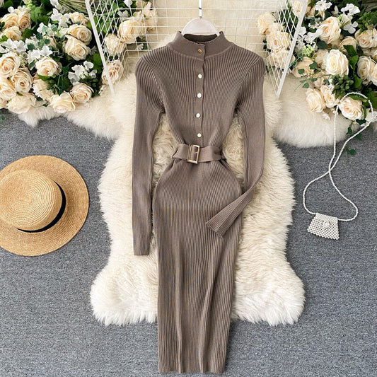 SINGRAIN Women Knitted Pencil Dress Autumn Winter Stand Collar Button Long Sleeve Slim Dress Streetwear Bodycon Sweater Dresses