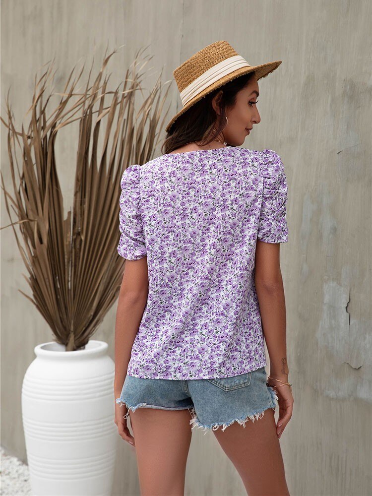 2022 Summer Floral Print Blouses for Women Fashion v Neck Short Sleeve Elegant Office Shirt Tops Ladies Casual Blouse