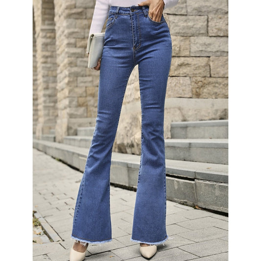 Benuynffy Button Fly Women's Raw Hem Flare Jeans Autumn Fashion Woman Denim Pants Jean Femme High Waist Full Length Slim Jeans