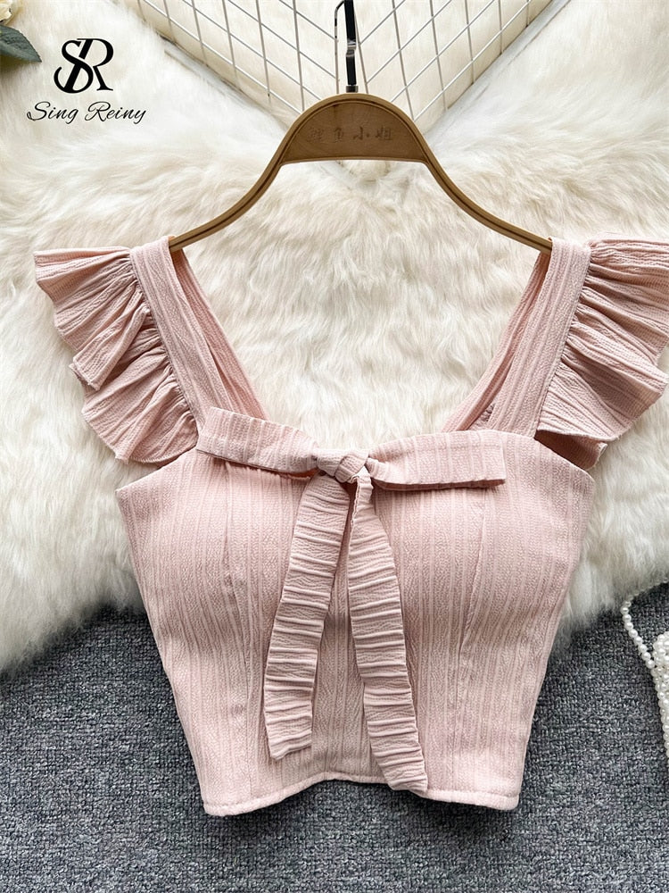 SINGREINY French Fashion Ruffled Women Camisole Summer 2022 Vacation Elegant Rushed Bow Elastic Ladies Temperament Chic Tank Top