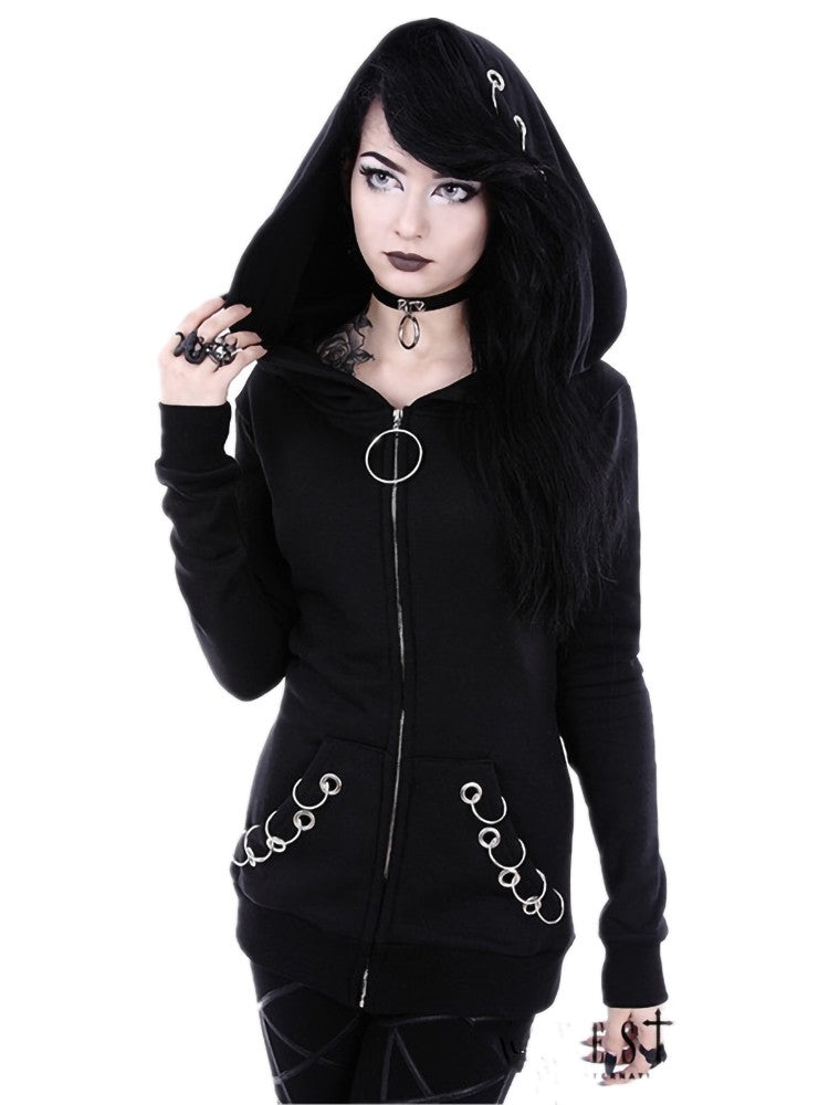 Women Punk Hoodie Sweatshirt 2022 Autumn Long Sleeve Iron Ring Hooded Zipper Jackets Casual Black Tops Female Clothes