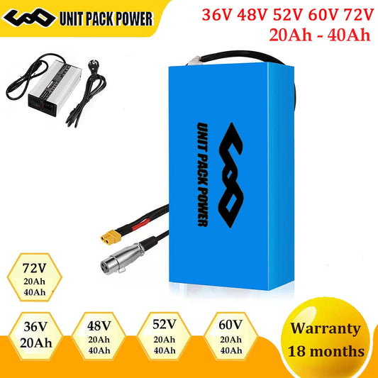 UNIT PACK POWER 48V 60V 72V 40Ah Ebike Battery Pack 52V 36V 20AH Electric Bicycle Escooter 18650 Battery 0 - 3000W