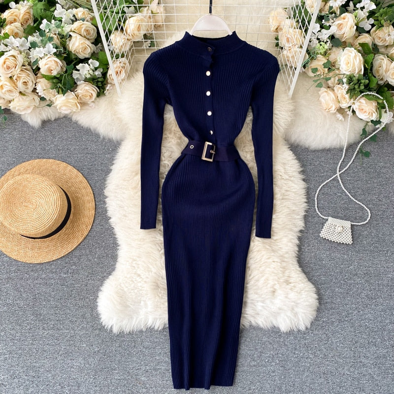 SINGRAIN Women Knitted Pencil Dress Autumn Winter Stand Collar Button Long Sleeve Slim Dress Streetwear Bodycon Sweater Dresses