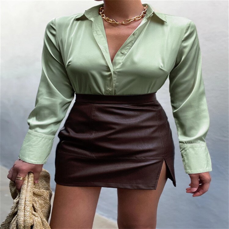 Silk Satin Women Shirt Elegant Green Loose Top Button Up Office Ladies Shirt 2022 Spring Summer Long Sleeve Blouse Vintage Tops