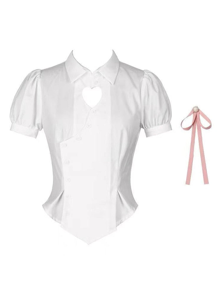 HOUZHOU Korean Slim White Shirt Tunics Woman Gorgeous Heart Hollow Out Cute Puff Sleeve School Shirt Preppy Style Tops Jk Uniform